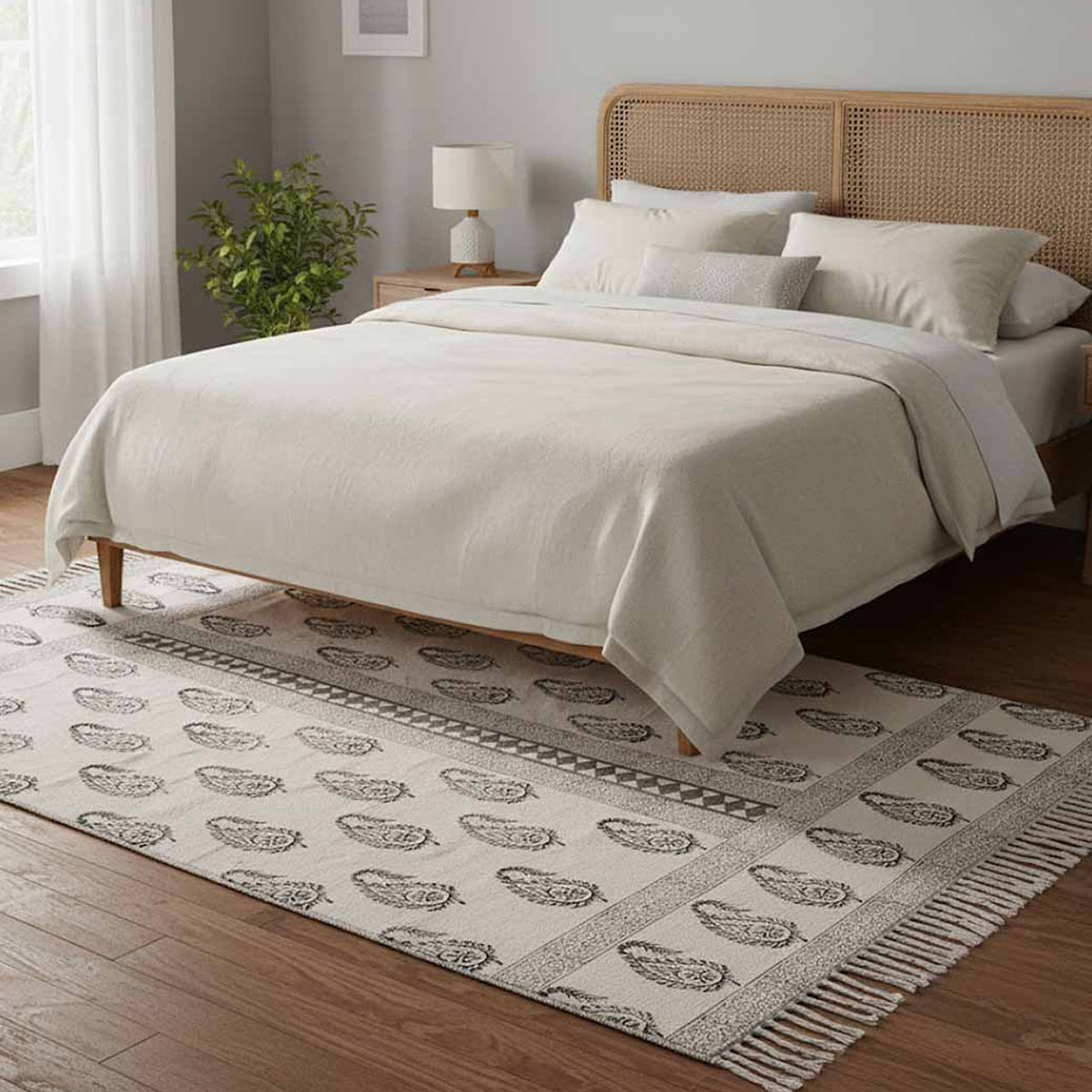 Traditional Hand Block Printed Paisley Cotton Dhurrie Rug - Image 6