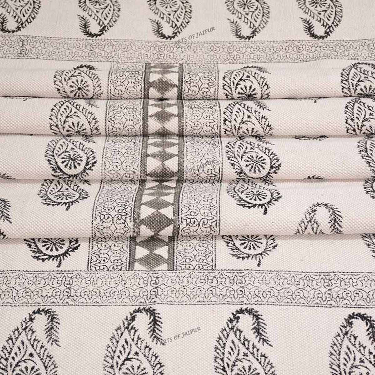 Traditional Hand Block Printed Paisley Cotton Dhurrie Rug - Image 5