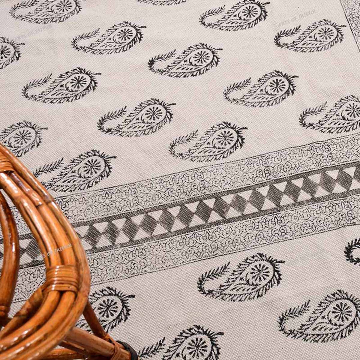 Traditional Hand Block Printed Paisley Cotton Dhurrie Rug - Image 4