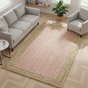 Pink Hand Braided Area Rug with Natural Jute Border, Boho Minimalist Carpet