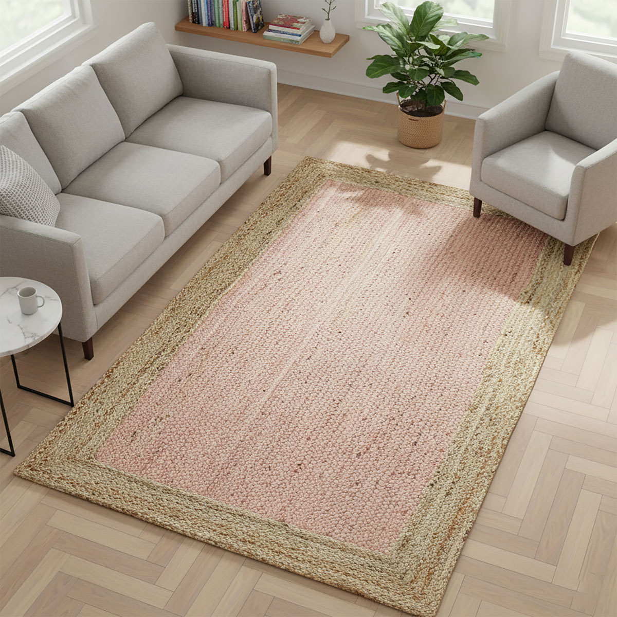 Pink Hand Braided Area Rug with Natural Jute Border, Boho Minimalist Carpet - Image 3