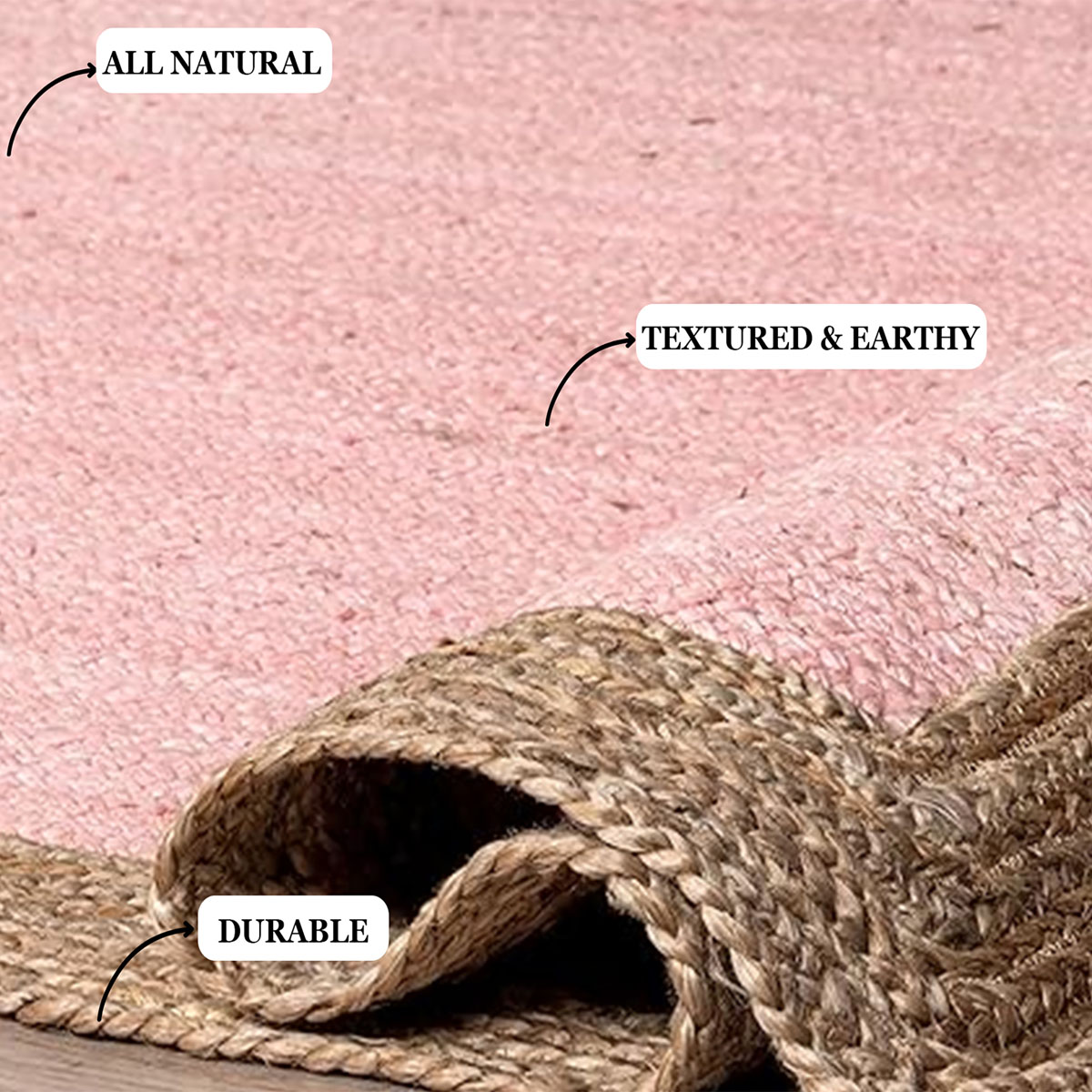 Pink Hand Braided Area Rug with Natural Jute Border, Boho Minimalist Carpet - Image 4