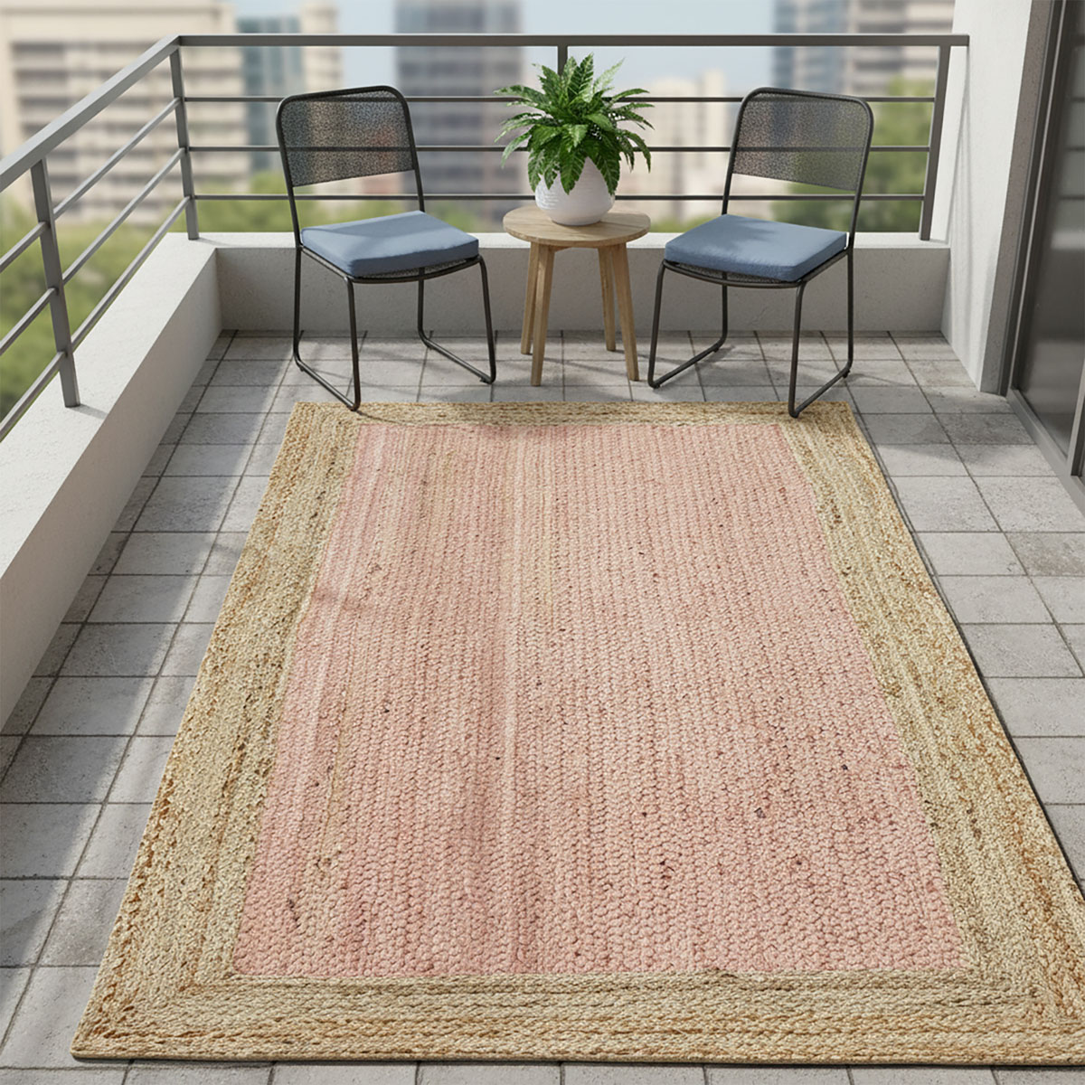 Pink Hand Braided Area Rug with Natural Jute Border, Boho Minimalist Carpet - Image 5