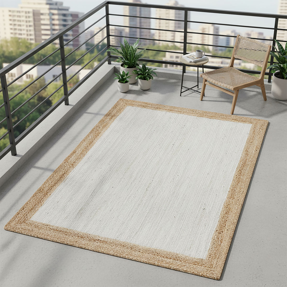 White Handmade Area Rug with Natural Jute Border - Image 2