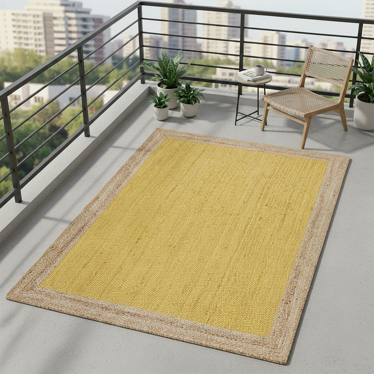 Mustard Yellow Handmade Rug with Natural Jute Border - Image 2