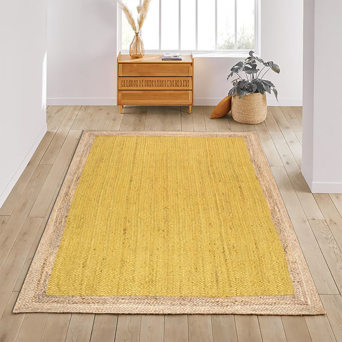 Mustard Yellow Handmade Rug with Natural Jute Border - Image 5