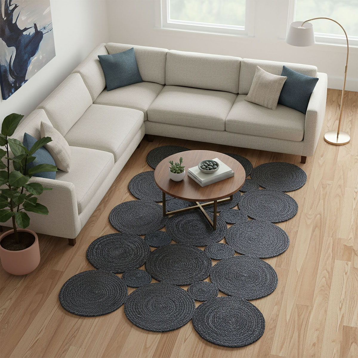 Blue Handmade Scalloped Jute Area Rug Natural Fiber - Image 2