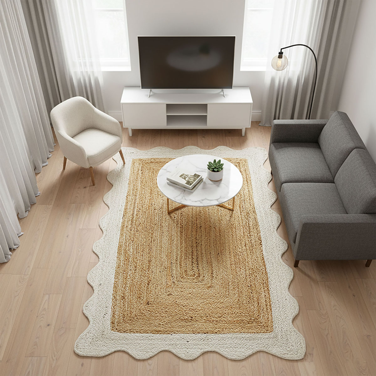 Luxury White Scalloped Rug - 8x10 Hand Braided Jute Rug - Image 2