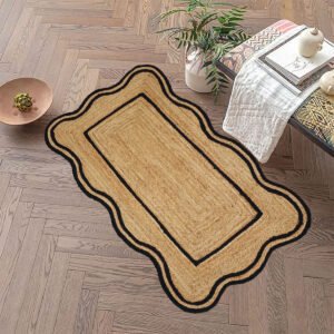 Black Bordered Scalloped Jute Area Rug Natural Fiber Rug