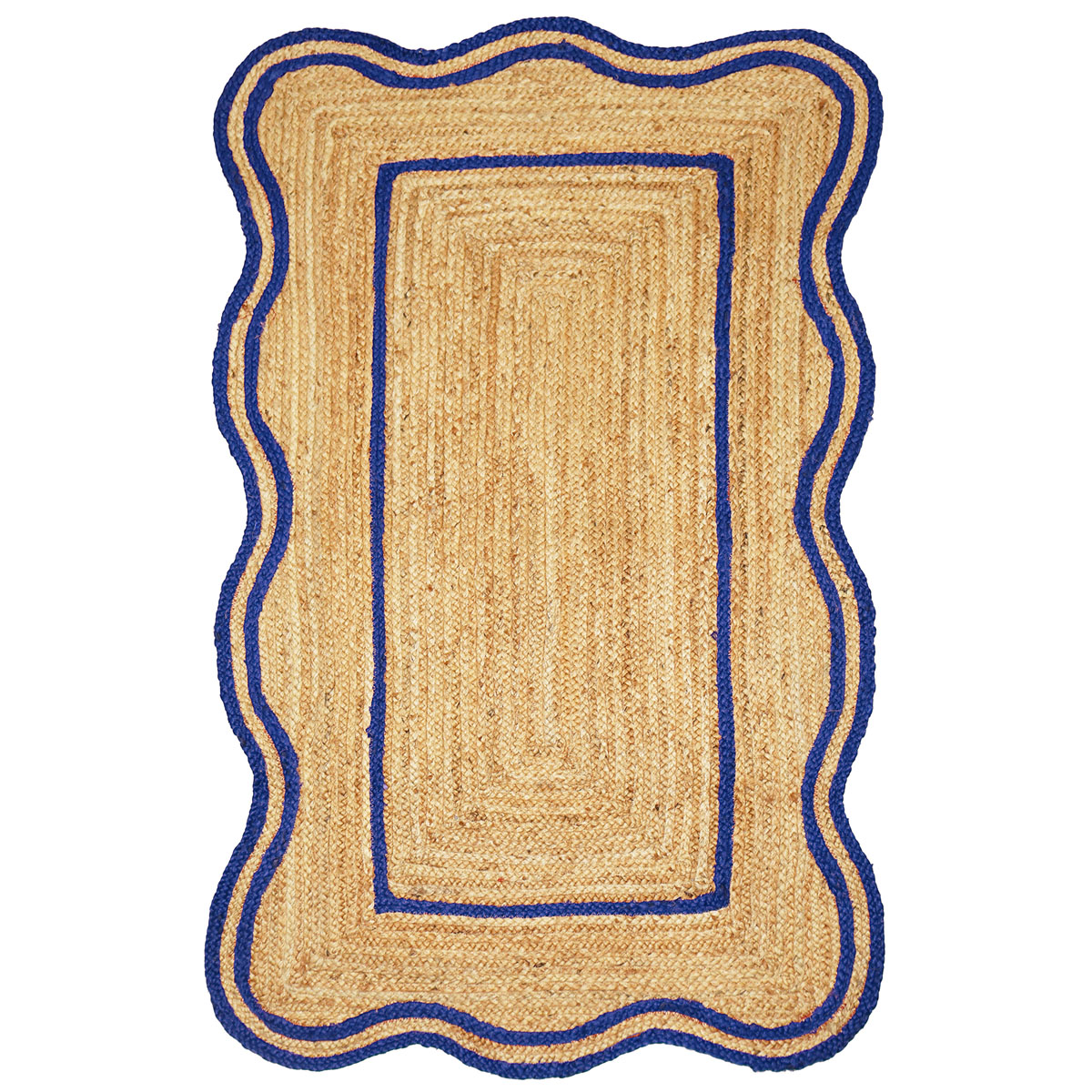 Artisanal Blue Border Jute Rug - Elegant Scalloped Design