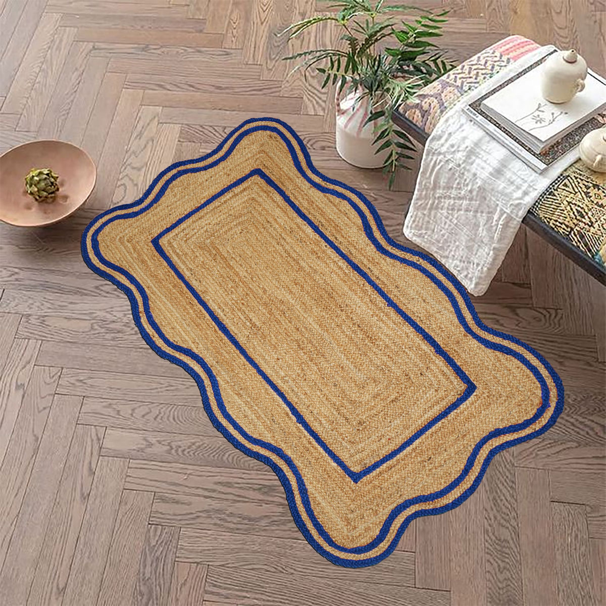 Blue Bordered Scalloped Jute Area Rug Natural Fiber Rug - Image 2
