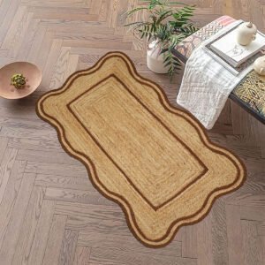 Artisanal Hand Braided Jute Rug - Brown Scalloped Trim