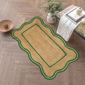 Green Bordered Scalloped Jute Area Rug Natural Fiber Rug