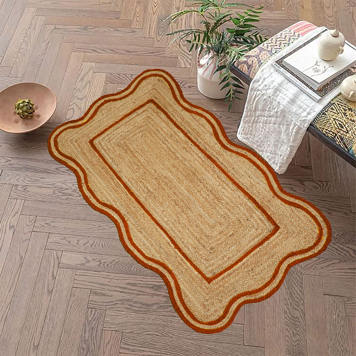 Orange Bordered Scalloped Jute Area Rug Natural Fiber Rug - Image 2