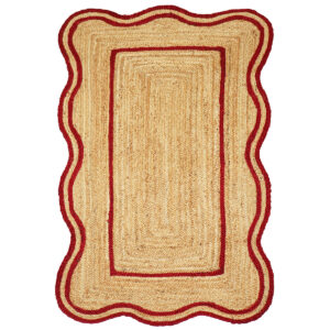 Red Bordered Scalloped Jute Area Rug Natural Fiber Rug