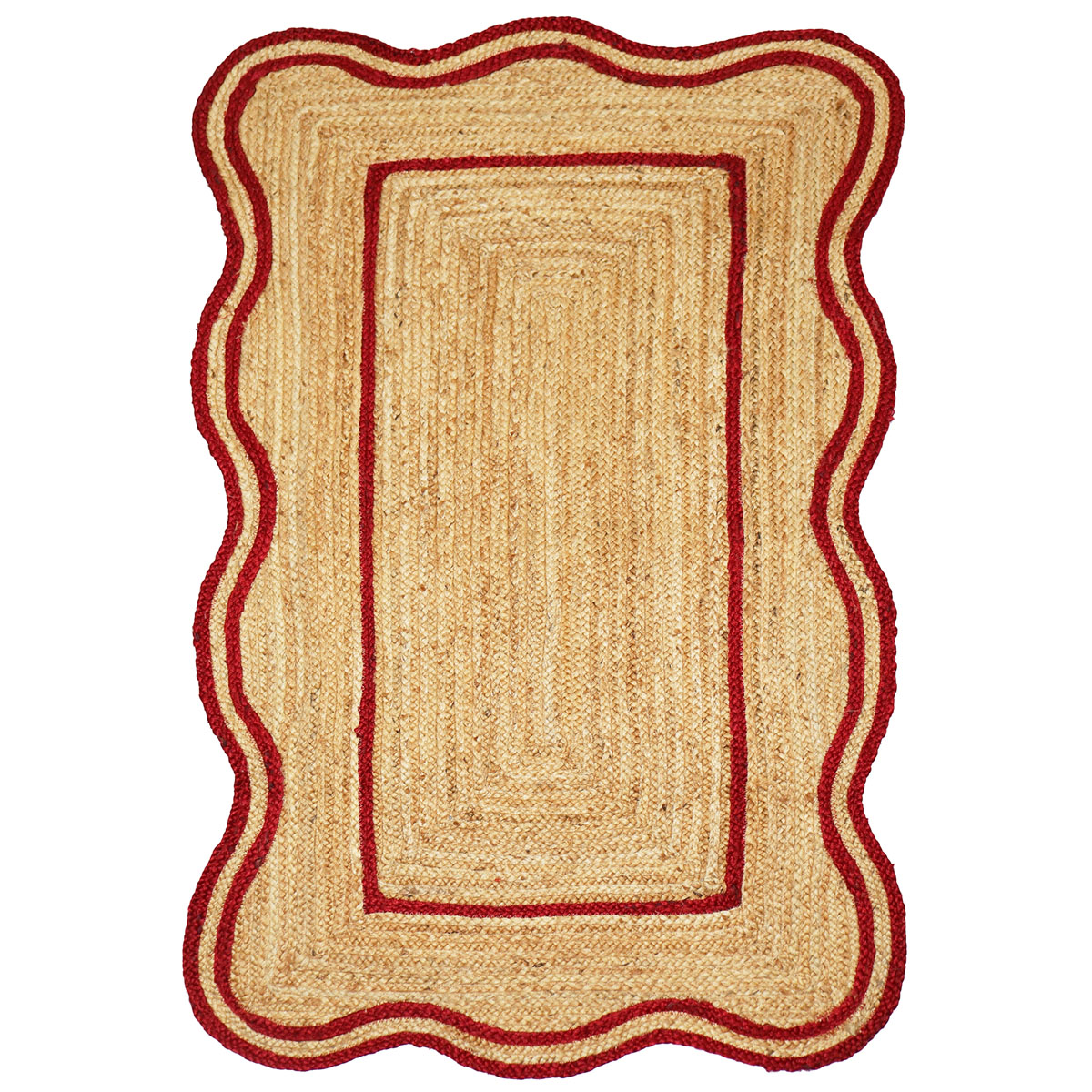 Red Bordered Scalloped Jute Area Rug Natural Fiber Rug