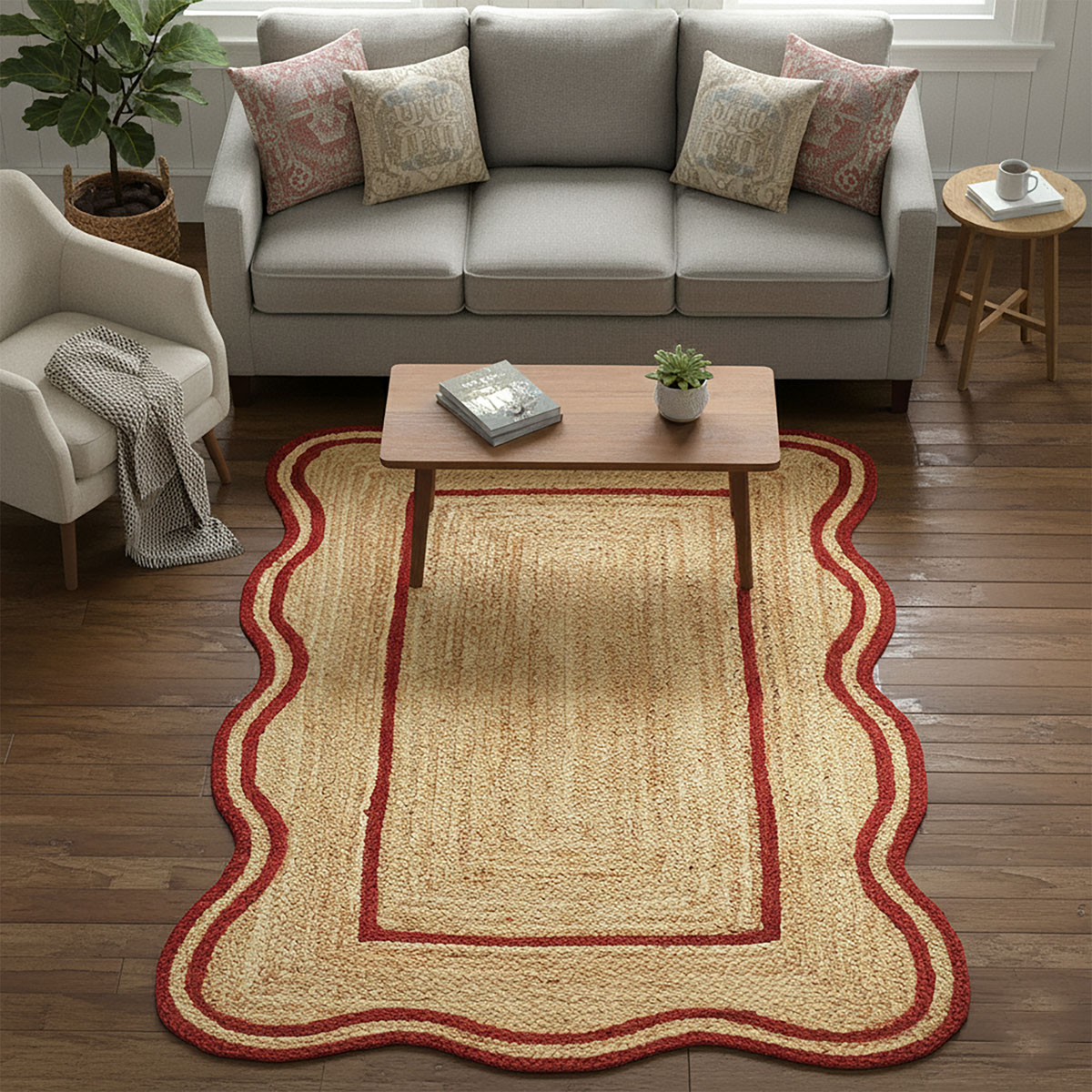 Red Bordered Scalloped Jute Area Rug Natural Fiber Rug - Image 2