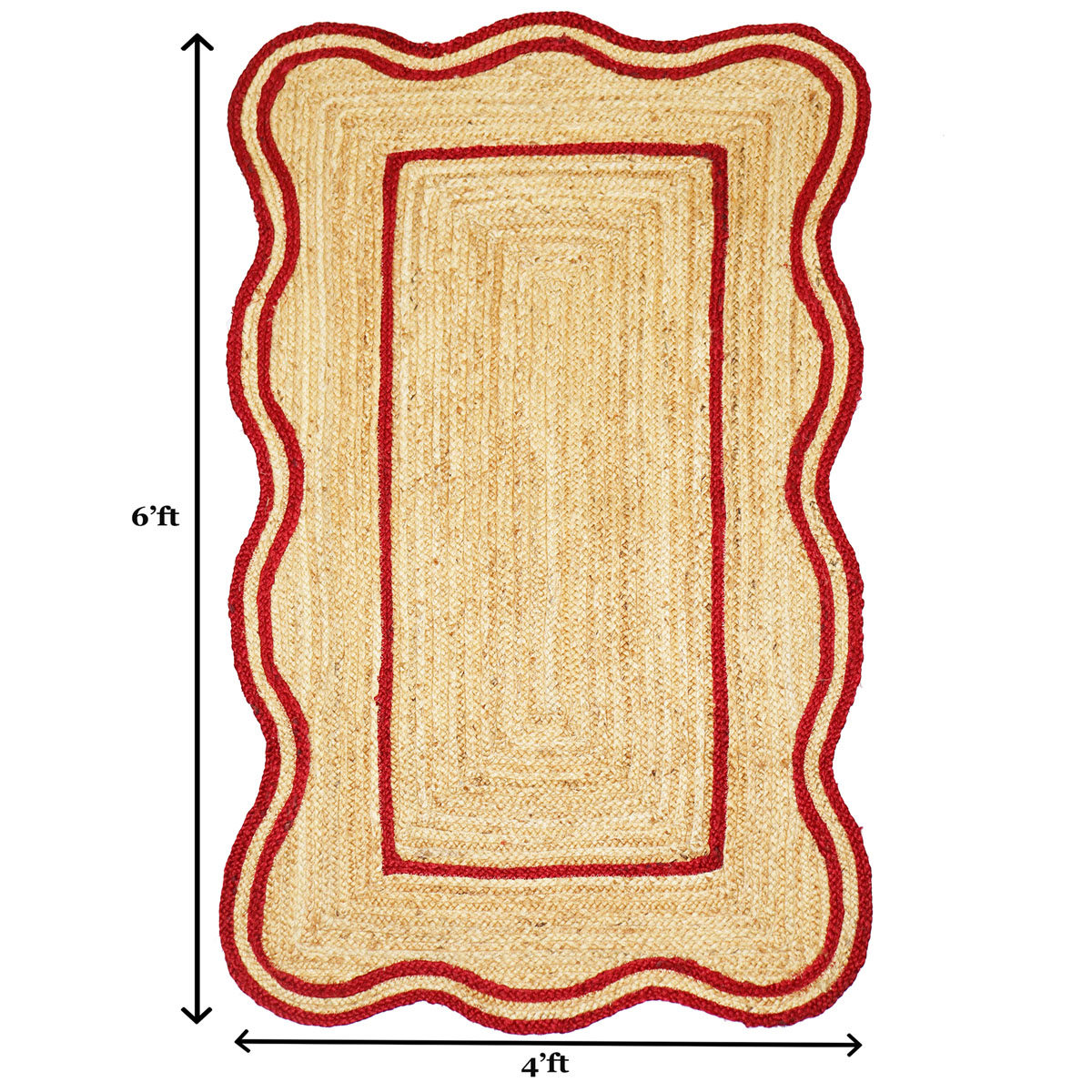 Red Bordered Scalloped Jute Area Rug Natural Fiber Rug - Image 3
