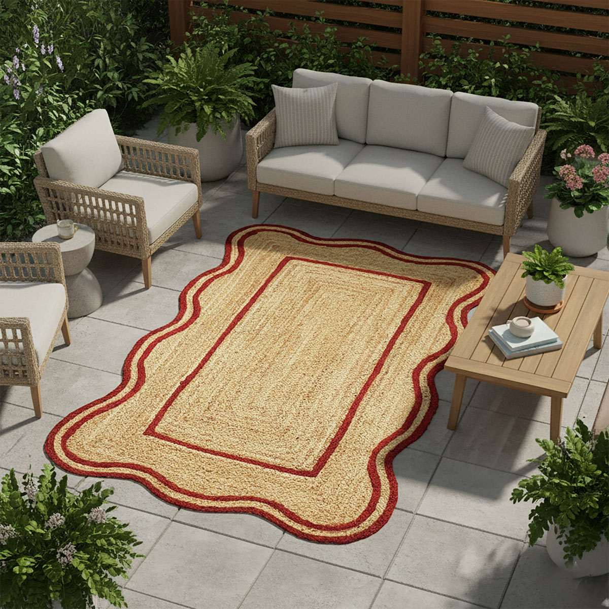Red Bordered Scalloped Jute Area Rug Natural Fiber Rug - Image 6