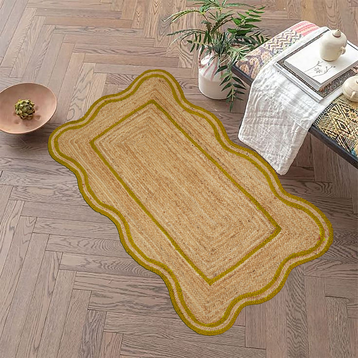 Yellow Bordered Scalloped Jute Area Rug Natural Fiber Rug - Image 2