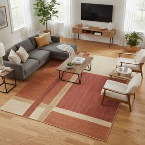 Natural Jute Braided Geometric Area Rug Handmade Floor Carpet