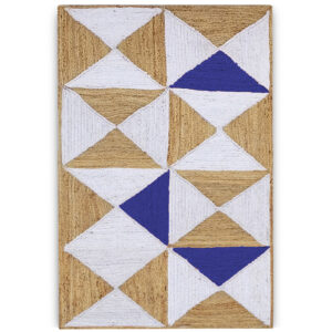 Modern geometric jute rug with bold triangle patterns Handmade jute area rug in beige, ivory, and blue tones Luxury geometric rug for modern living room décor