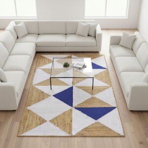 Modern Boho Geometric Jute Area Rug Blue & White Handwoven Accents