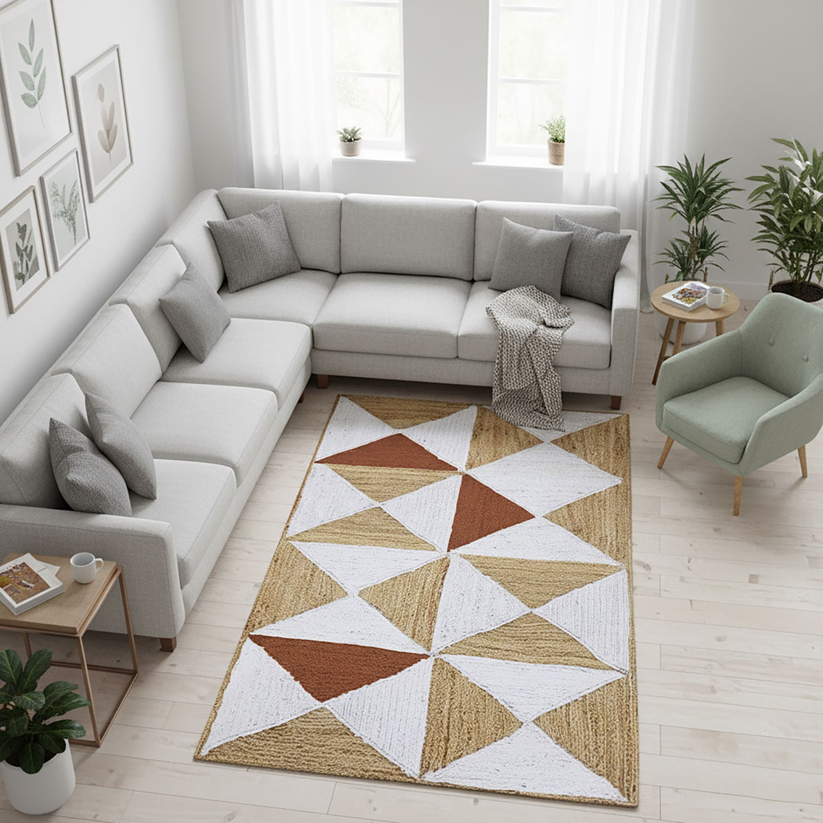 Natural Jute Geometric Area Rug - Boho Triangles Home Décor - Image 2
