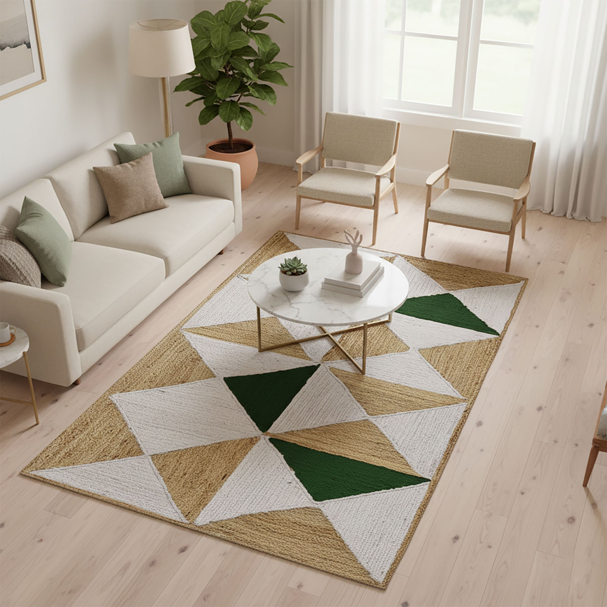 Geometric Natural Jute Area Rug with Green and White Triangle Design - Image 2