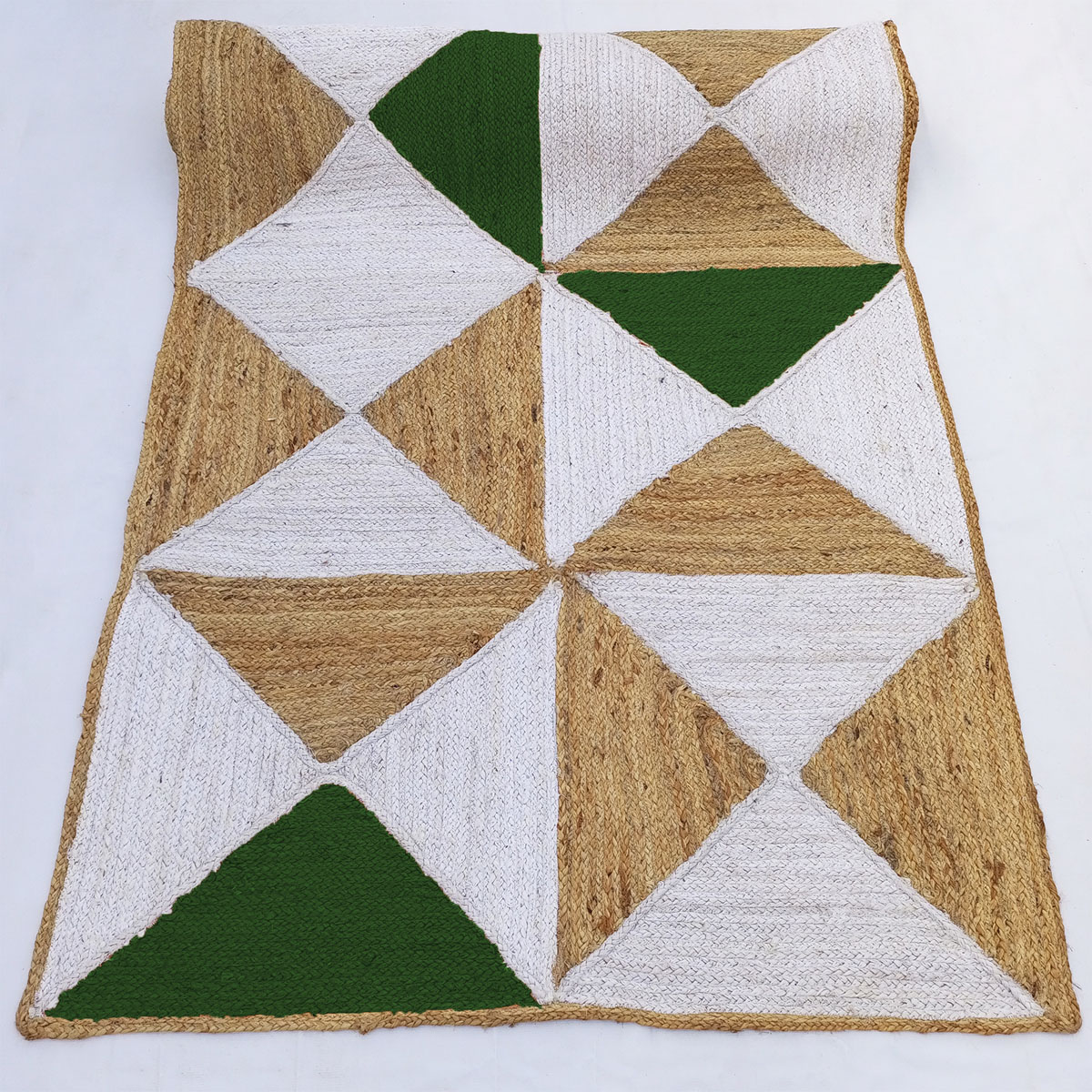 Geometric Natural Jute Area Rug with Green and White Triangle Design - Image 4