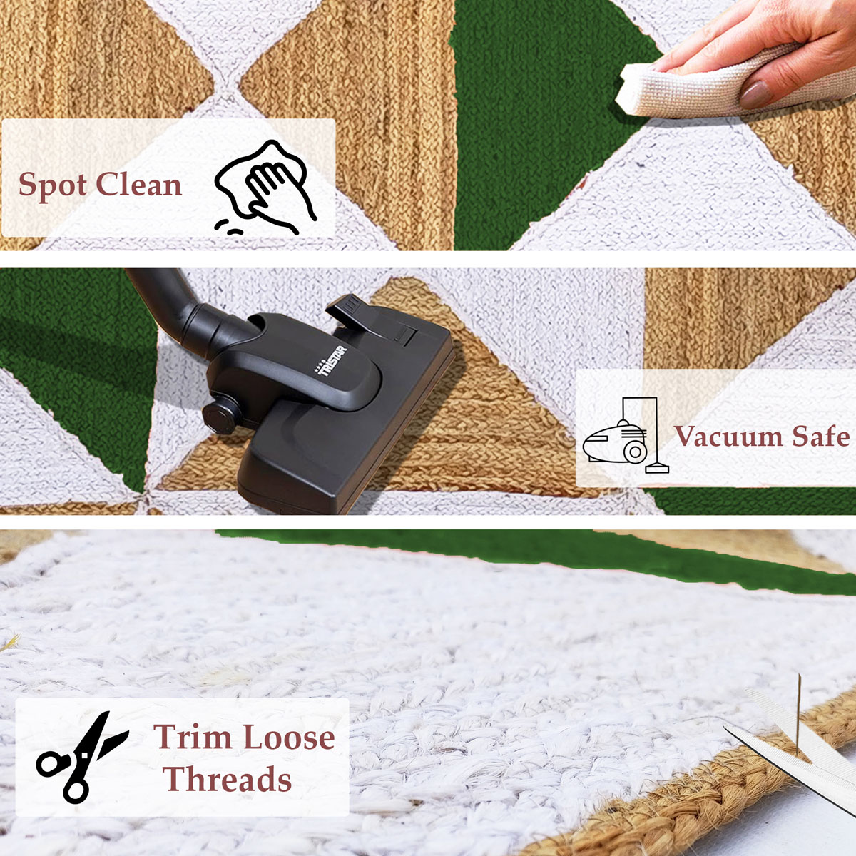 Geometric Natural Jute Area Rug with Green and White Triangle Design - Image 5