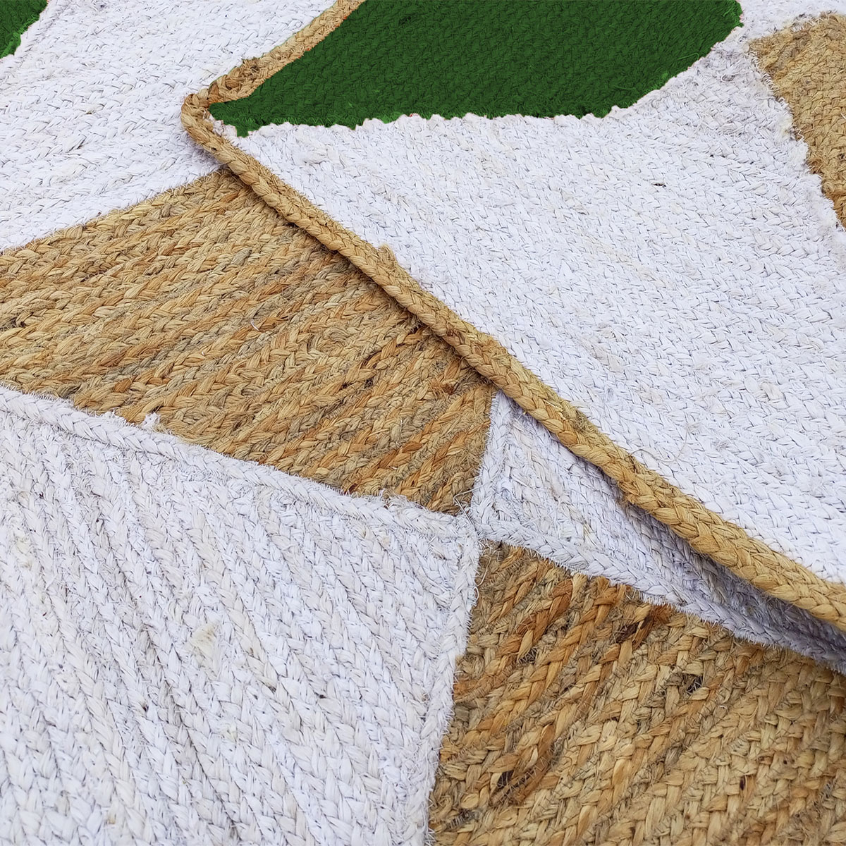 Geometric Natural Jute Area Rug with Green and White Triangle Design - Image 6