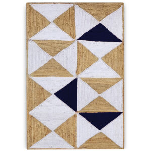 Artisan textured jute rug with geometric navy design Luxury textured jute area rug for modern interiors Handmade geometric jute rug in neutral earthy tones