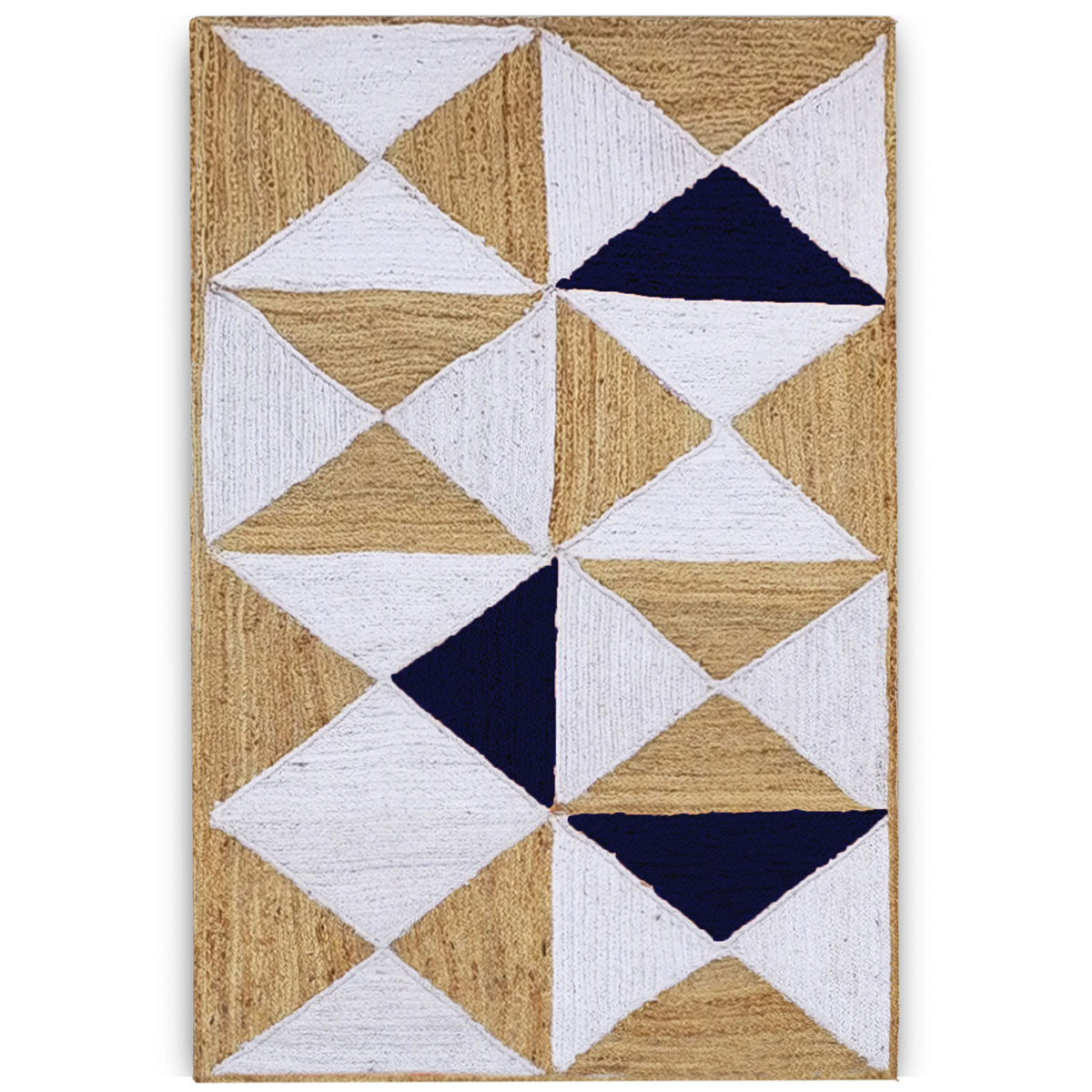 Artisan textured jute rug with geometric navy design Luxury textured jute area rug for modern interiors Handmade geometric jute rug in neutral earthy tones