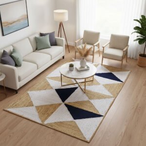 Natural Jute and Indigo Blue Geometric Diamond and Triangle Area Rug