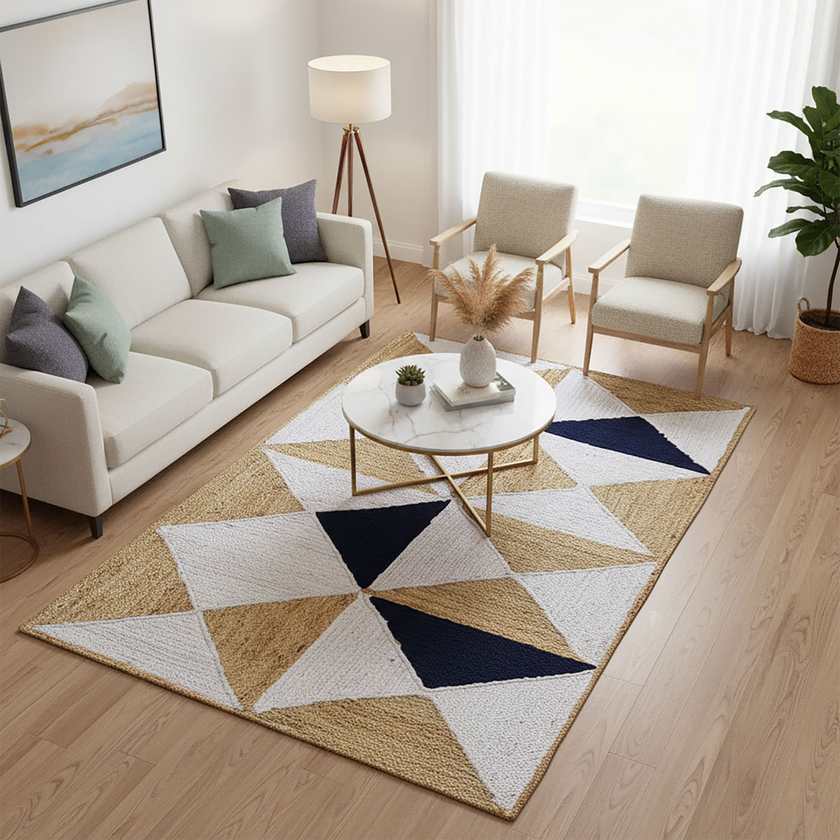 Natural Jute and Indigo Blue Geometric Diamond and Triangle Area Rug - Image 2