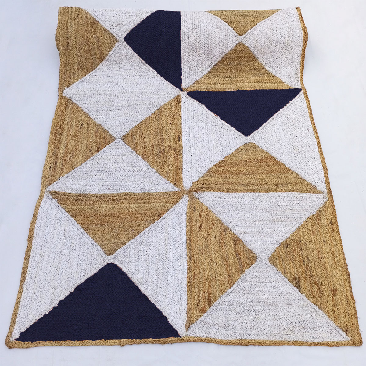 Natural Jute and Indigo Blue Geometric Diamond and Triangle Area Rug - Image 4