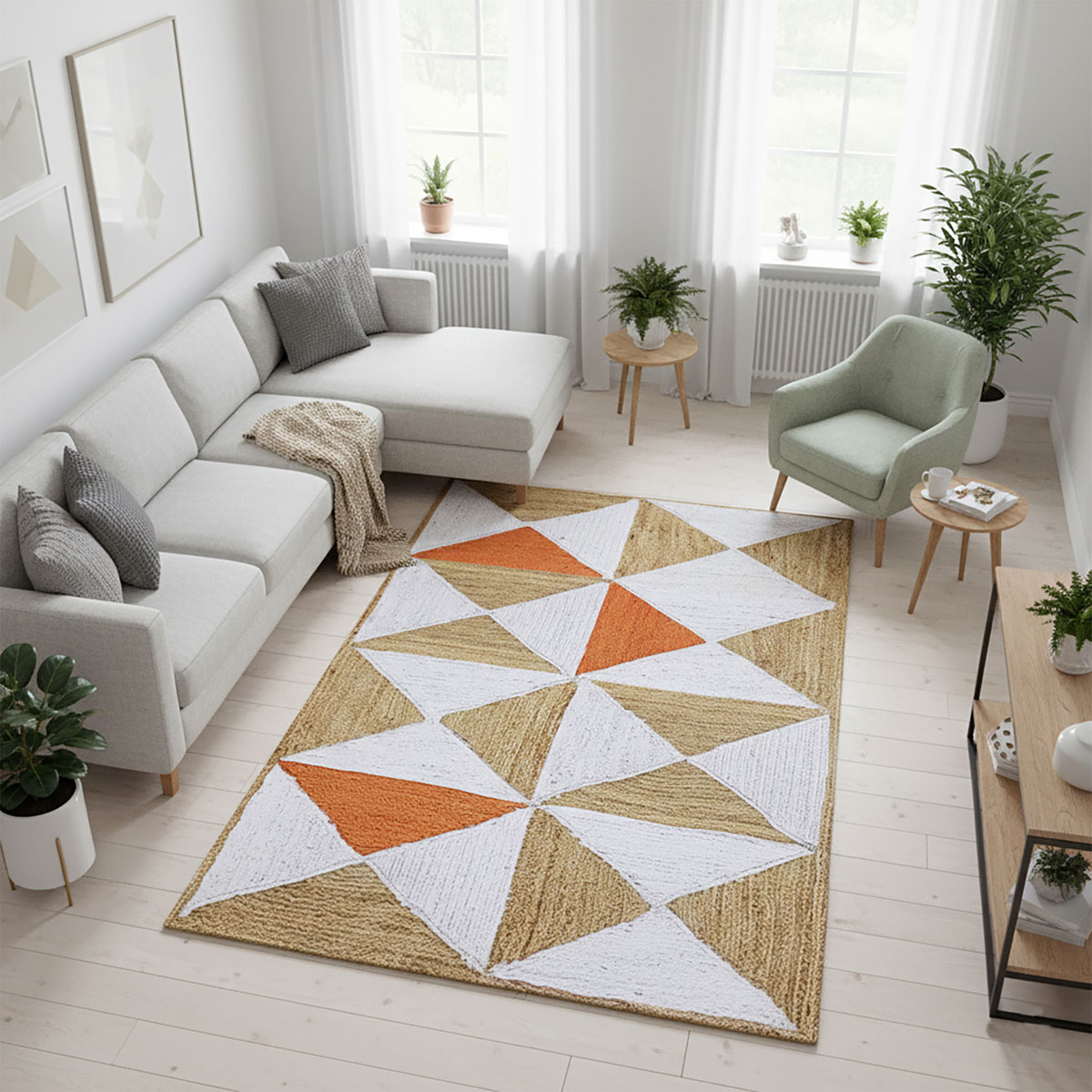 Handmade Geometric Jute Area Rug Natural & Vibrant Orange Triangles - Image 2