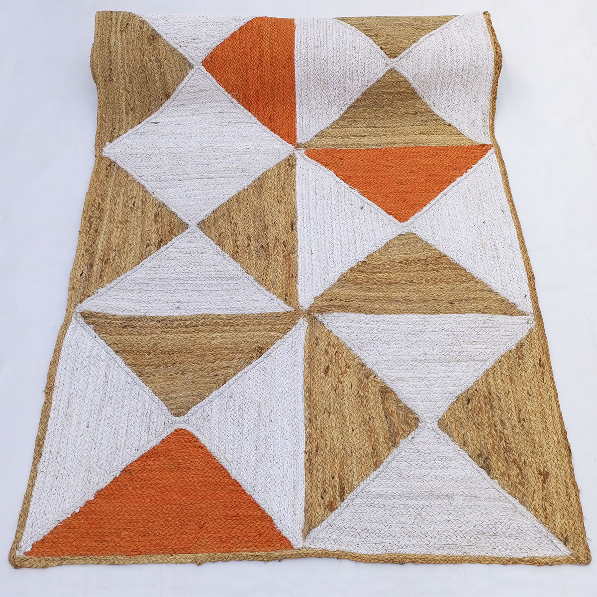 Handmade Geometric Jute Area Rug Natural & Vibrant Orange Triangles - Image 4