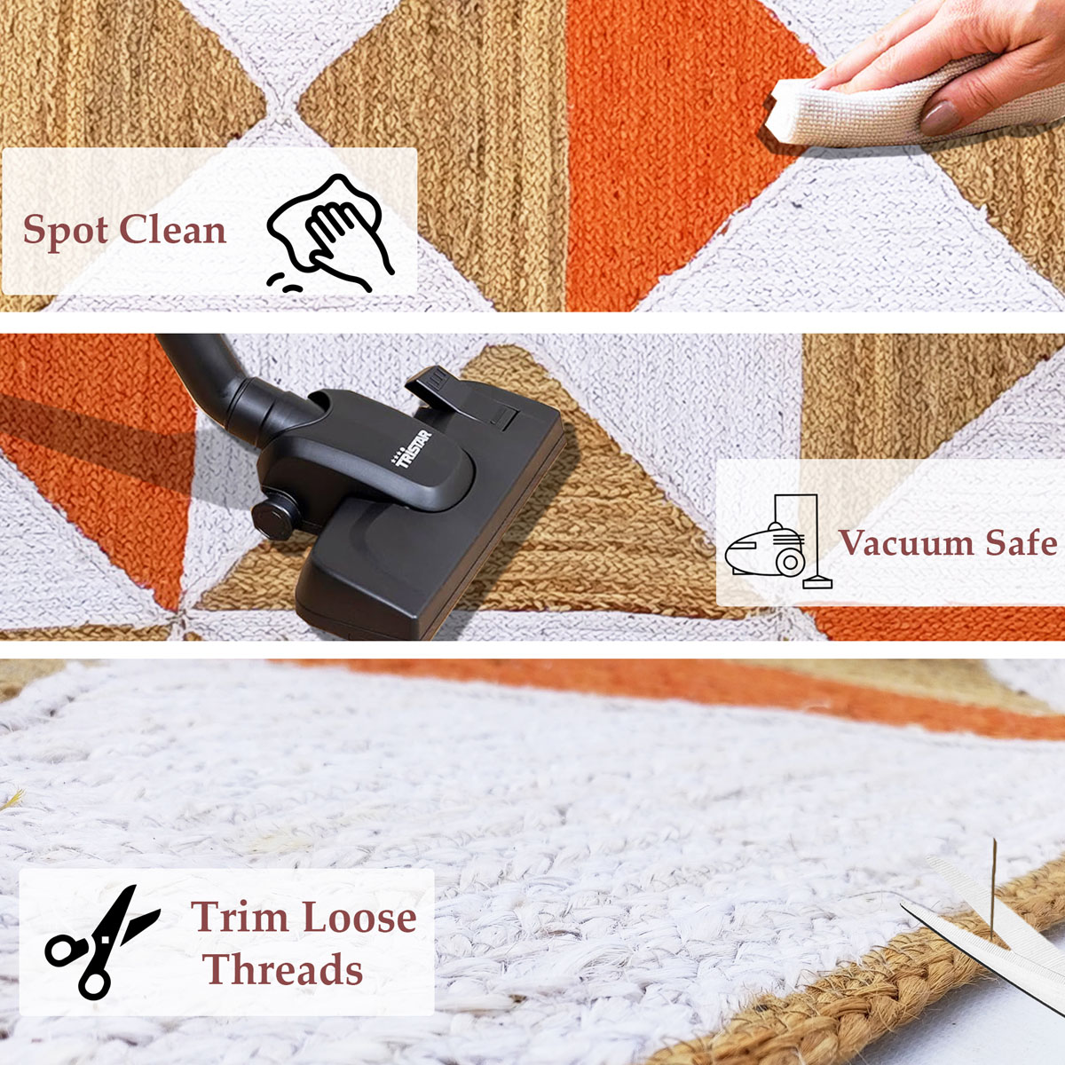 Handmade Geometric Jute Area Rug Natural & Vibrant Orange Triangles - Image 5