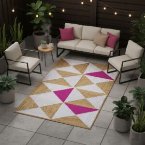 Handmade Geometric Jute Area Rug Natural White & Pink Triangles
