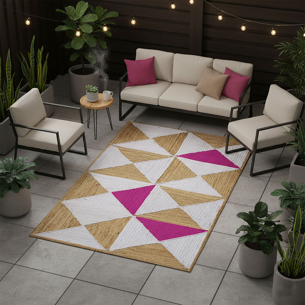Handmade Geometric Jute Area Rug Natural White & Pink Triangles - Image 2