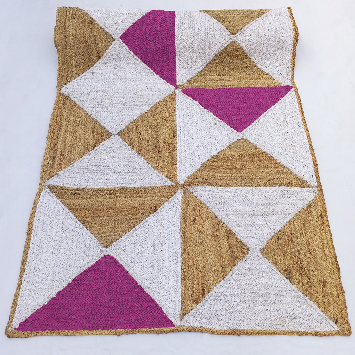 Handmade Geometric Jute Area Rug Natural White & Pink Triangles - Image 4