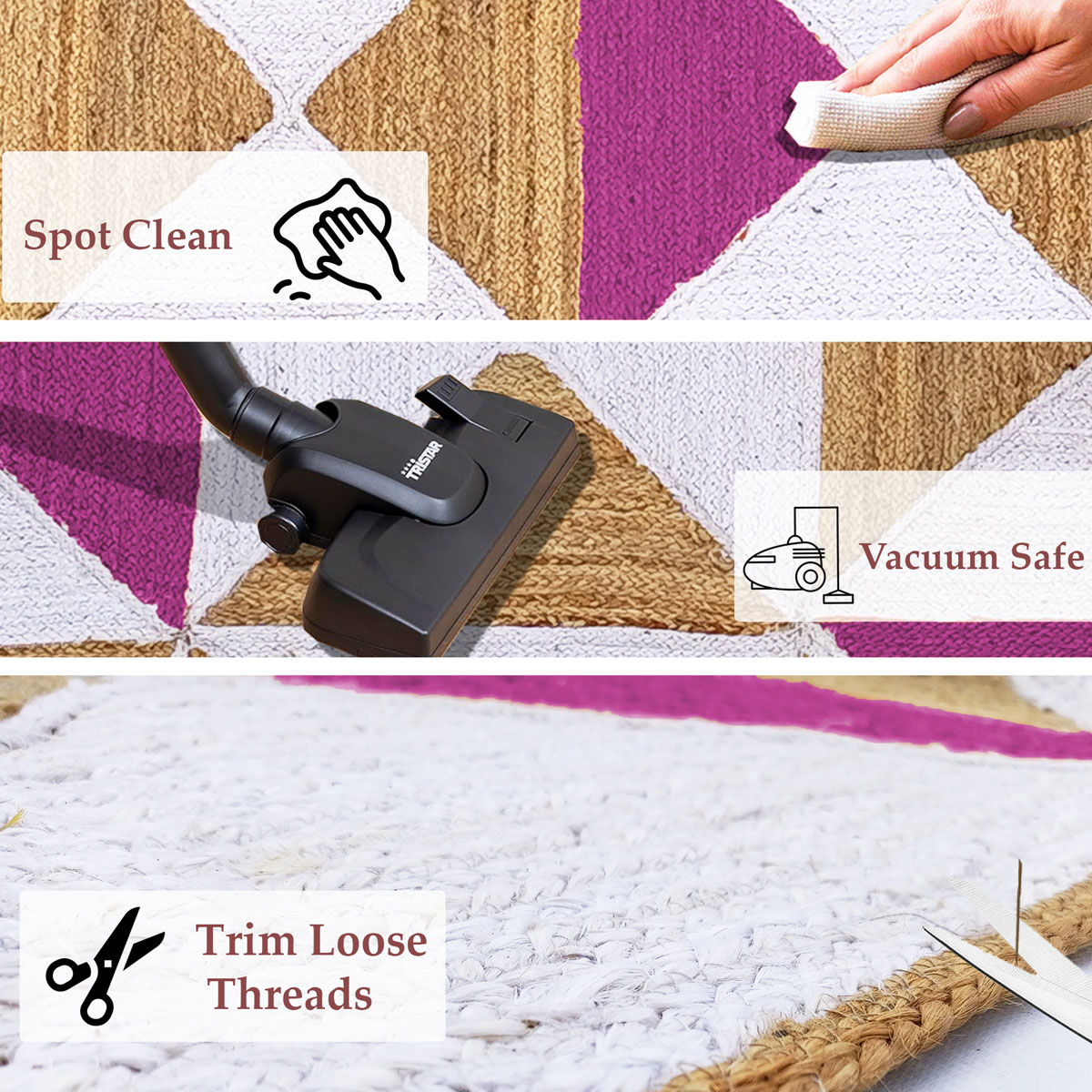 Handmade Geometric Jute Area Rug Natural White & Pink Triangles - Image 5