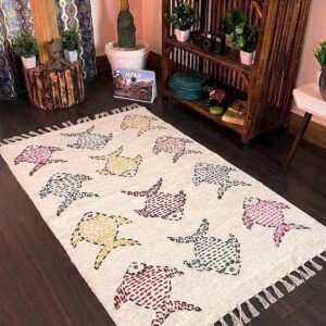 Hand Stitched Kantha Cotton Rug with Fish Design
