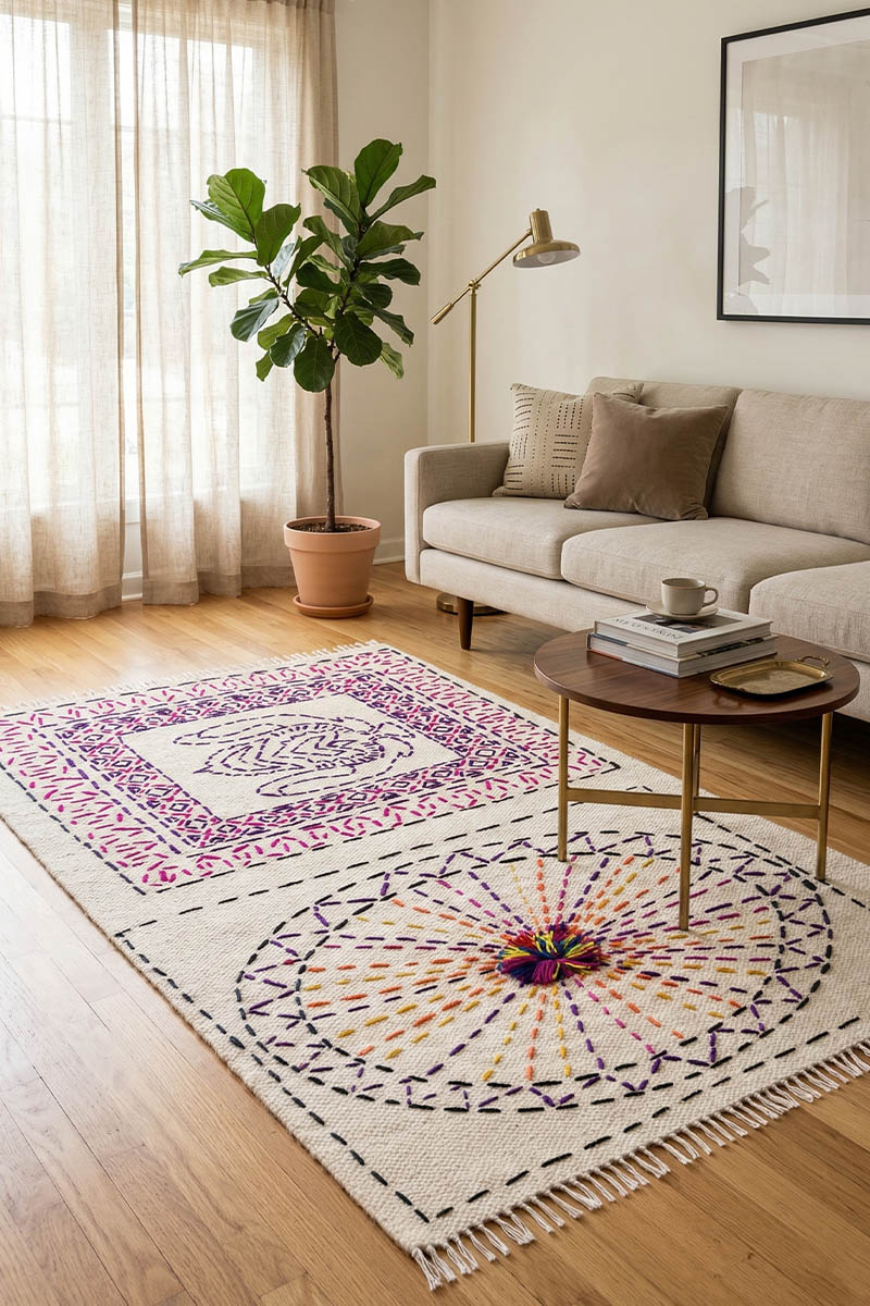 Boho Kantha Embroidered Cotton Area Rugs for Living Room - Image 2