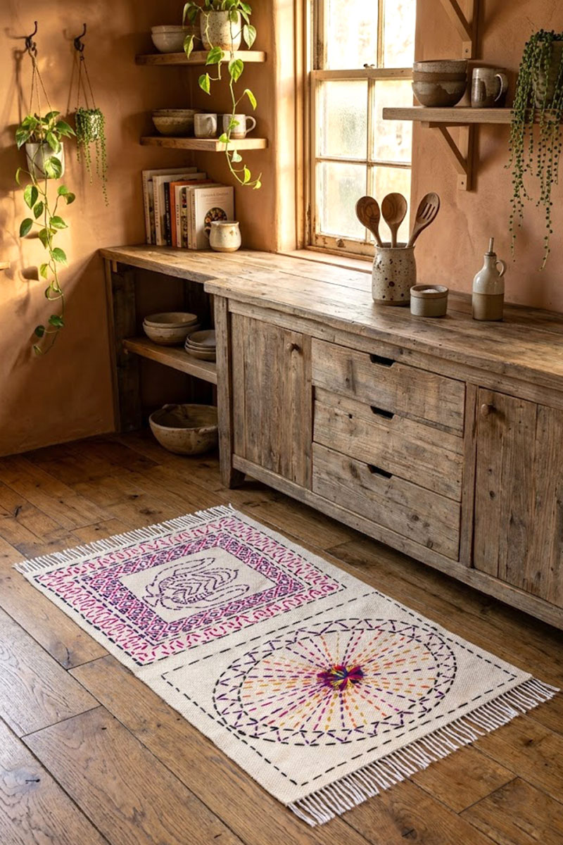 Boho Kantha Embroidered Cotton Area Rugs for Living Room - Image 5
