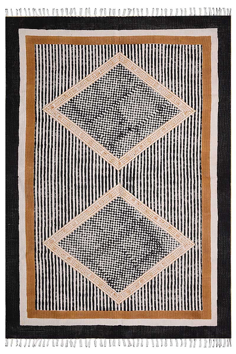 Modern Geometric Hand Block Printed Diamond Motif Rug