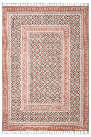 Handcrafted Boho Rust Geometric Block-Print Area Rug with Tassels