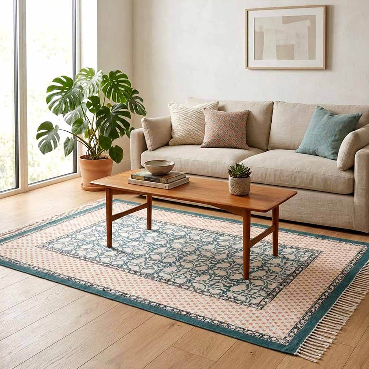 Indian Hand Block Printed Cotton Durrie Rugs for Living Room - Image 6